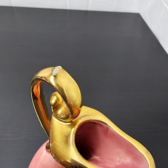 Vintage Ceramic Pitcher Vase 8.5" Pink Warranted 22 KT Gold Trim Mid Century USA - Picture 3 of 7